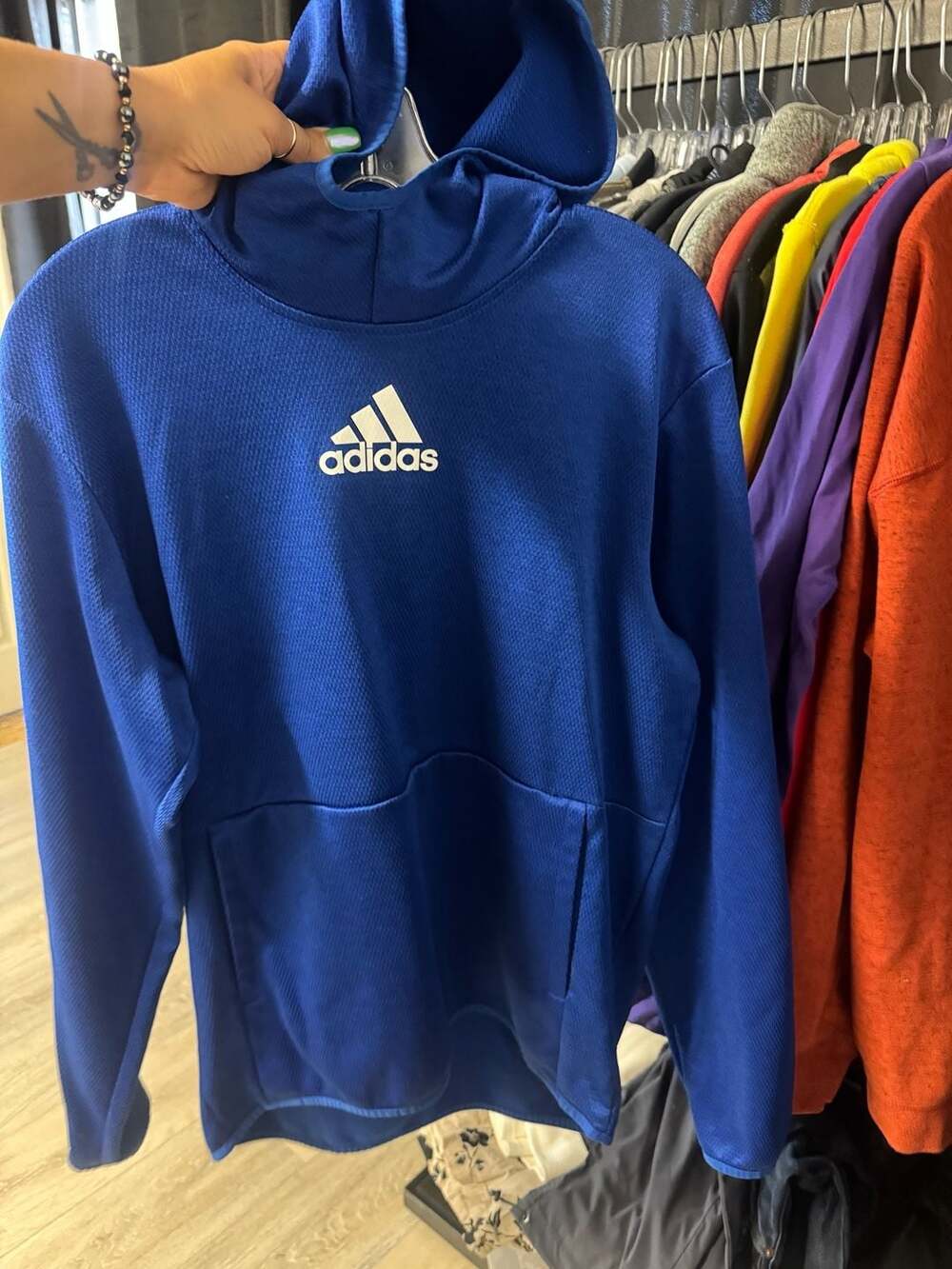Adidas Blue Three Stripe Life Textured Pullover Hoodie Size Large